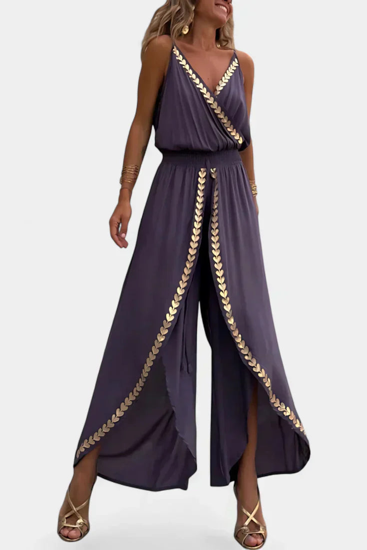 Donatila™ -  Backless Jumpsuit Featuring Elegant Gold Accents