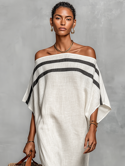 Maxi Minimalist Dress for Women with Off-the-Shoulder Neckline and Batwing Sleeves