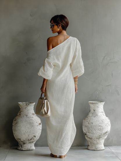 Elegant Flowing Ivory White Cotton-Linen Dress with Off-Shoulder