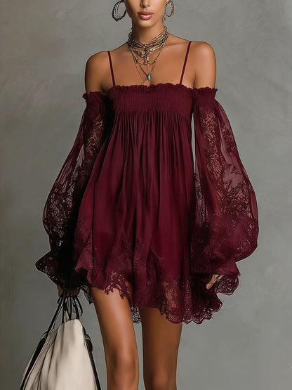 Betty • Navy blue mini chiffon dress with off-shoulder neckline, lace trim, and sheer sleeves