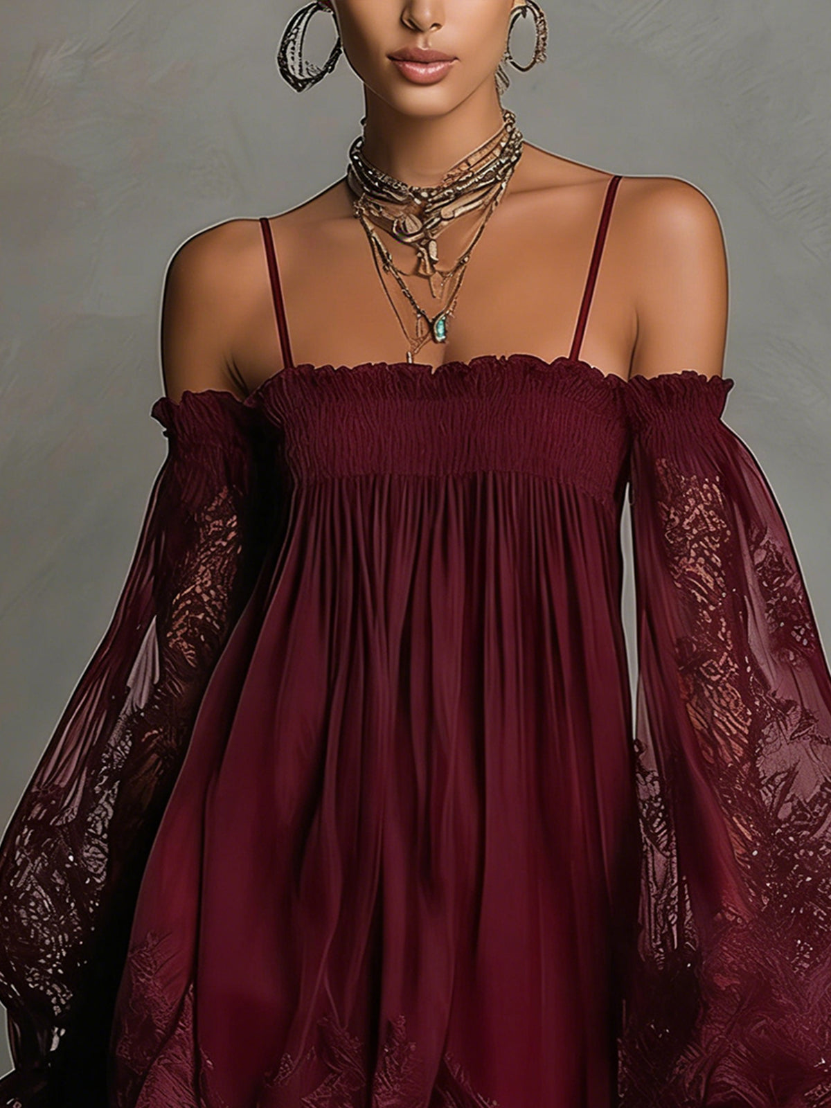 Betty • Navy blue mini chiffon dress with off-shoulder neckline, lace trim, and sheer sleeves