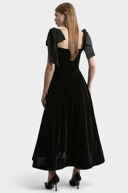 Ajla Strapless Midi Velvet Dress with Bow Accents