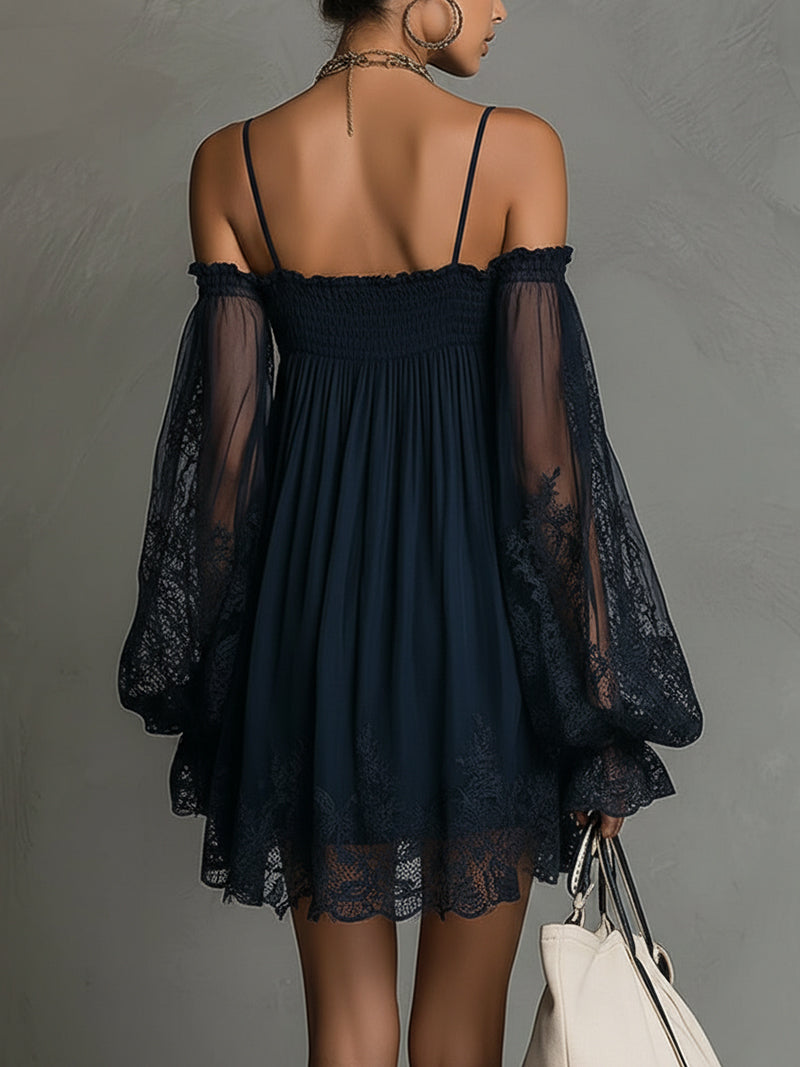 Betty • Navy blue mini chiffon dress with off-shoulder neckline, lace trim, and sheer sleeves
