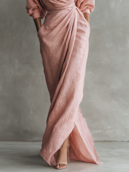 Pink Minimalist Maxi Dress with V-Neck in Linen Blend