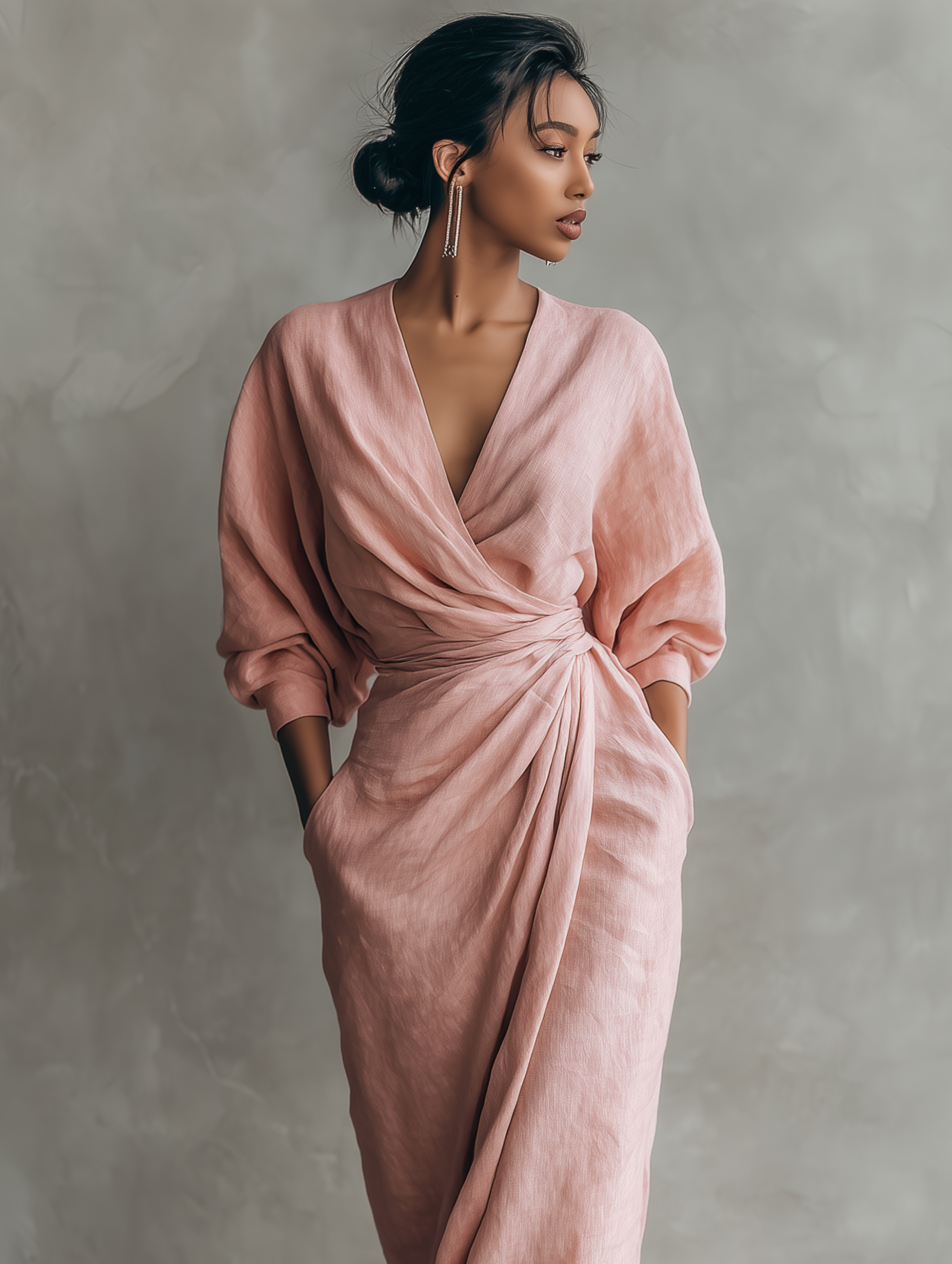 Pink Minimalist Maxi Dress with V-Neck in Linen Blend