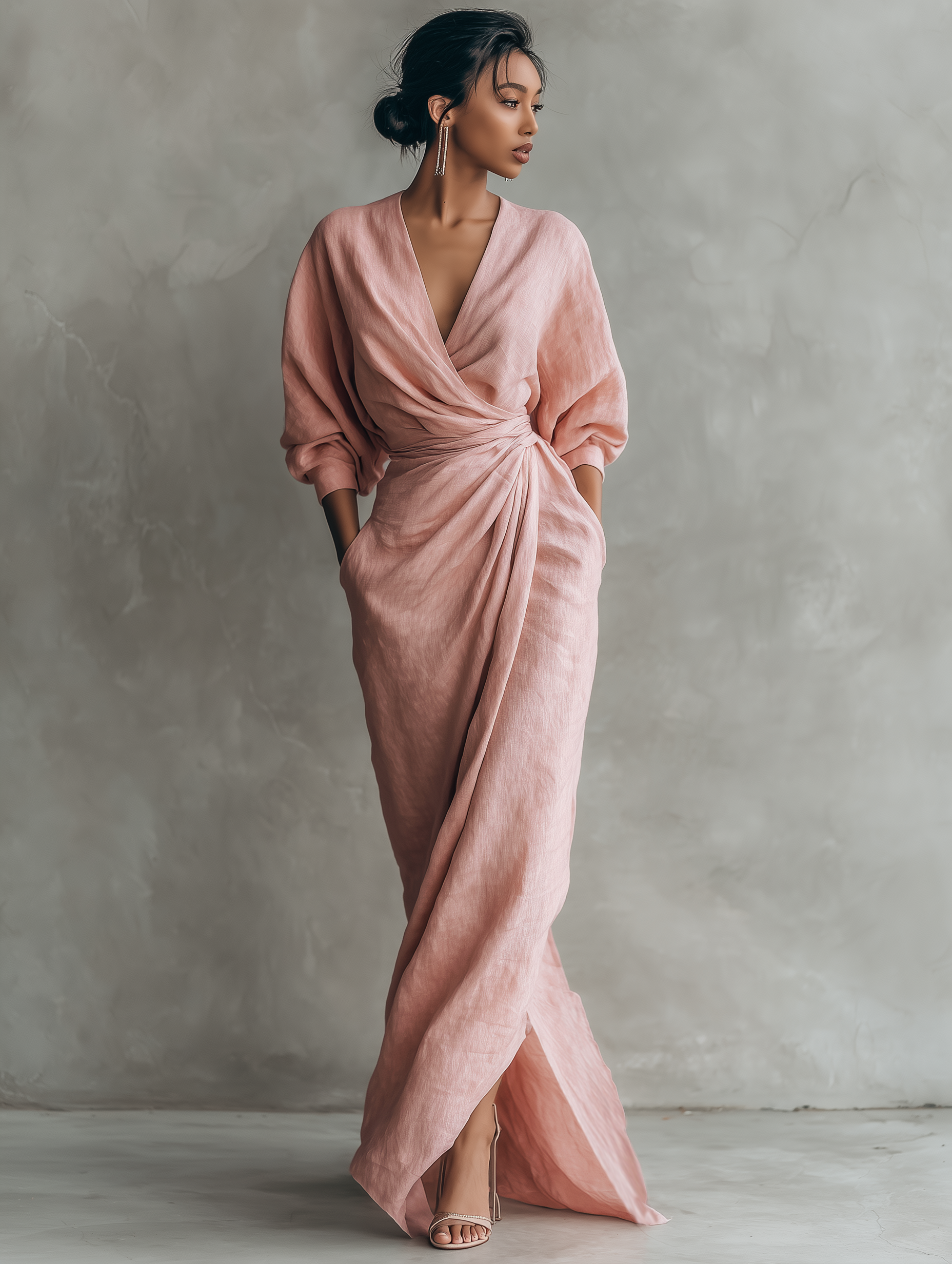 Pink Minimalist Maxi Dress with V-Neck in Linen Blend