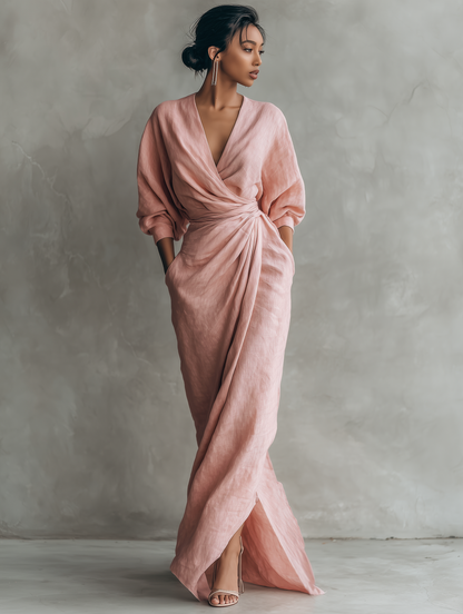 Pink Minimalist Maxi Dress with V-Neck in Linen Blend