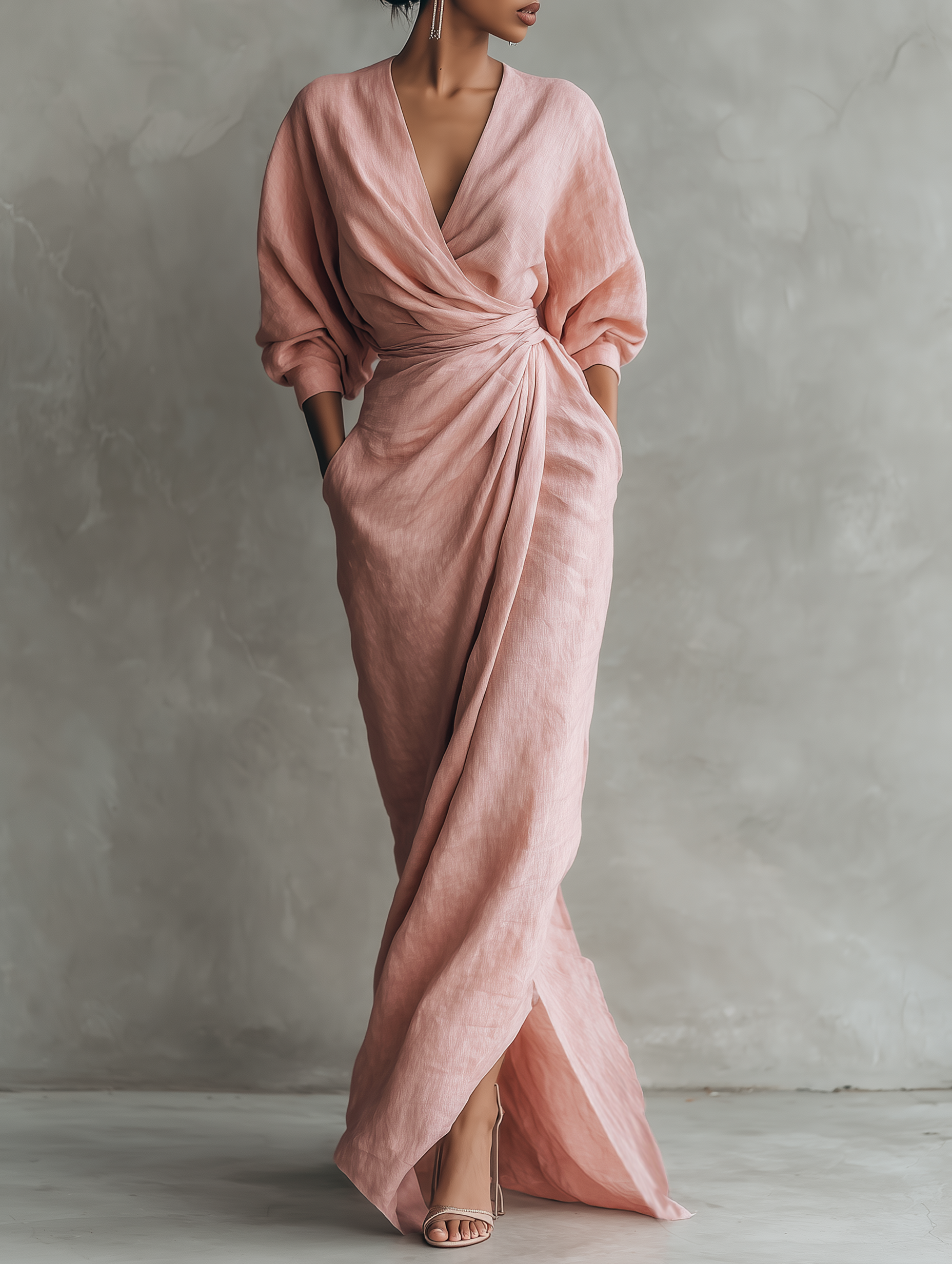 Pink Minimalist Maxi Dress with V-Neck in Linen Blend