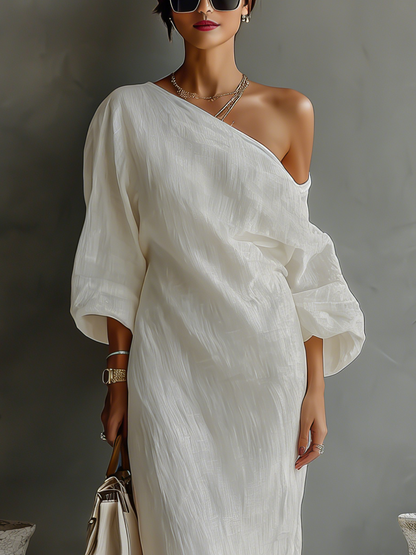 Elegant Flowing Ivory White Cotton-Linen Dress with Off-Shoulder