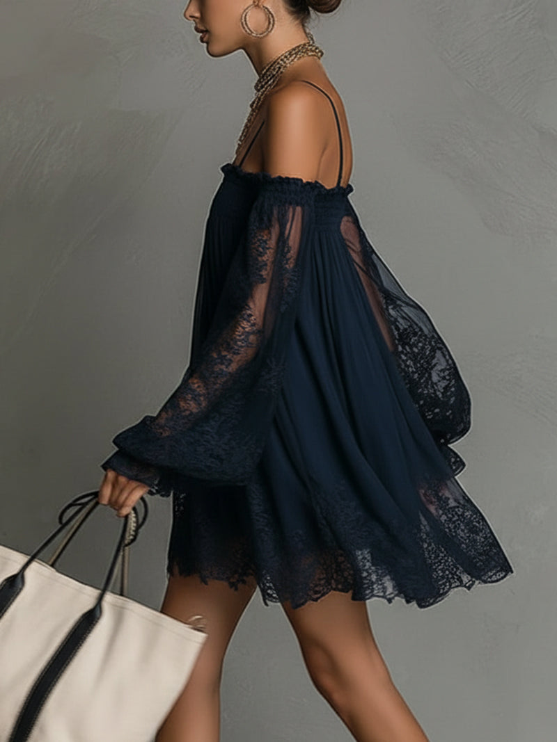 Betty • Navy blue mini chiffon dress with off-shoulder neckline, lace trim, and sheer sleeves