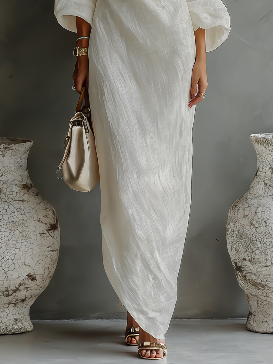 Elegant Flowing Ivory White Cotton-Linen Dress with Off-Shoulder