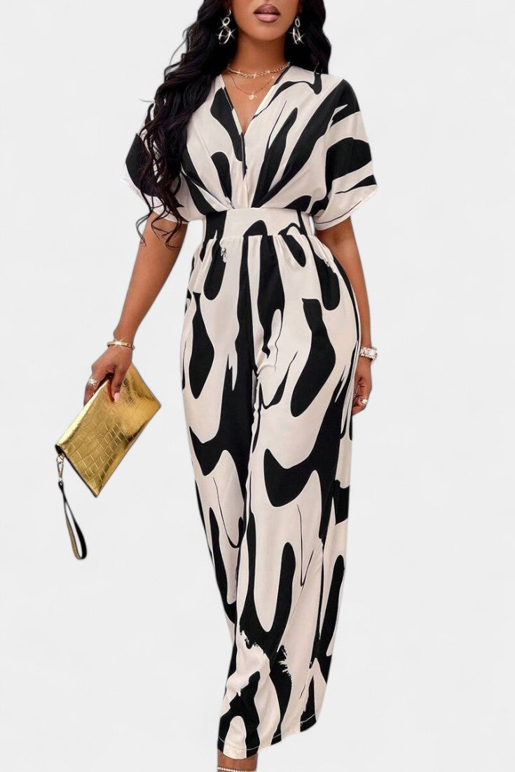 Zahara™ - V-Neck Abstract Wide-Leg Jumpsuit
