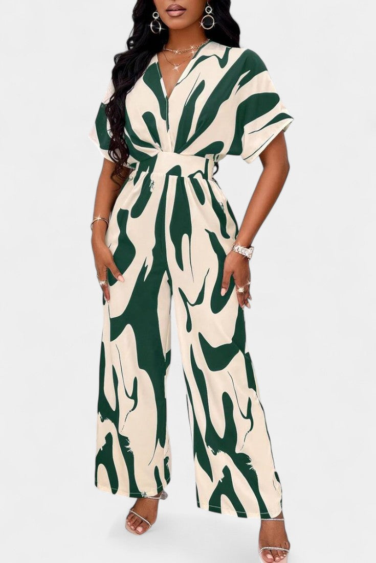 Zahara™ - V-Neck Abstract Wide-Leg Jumpsuit