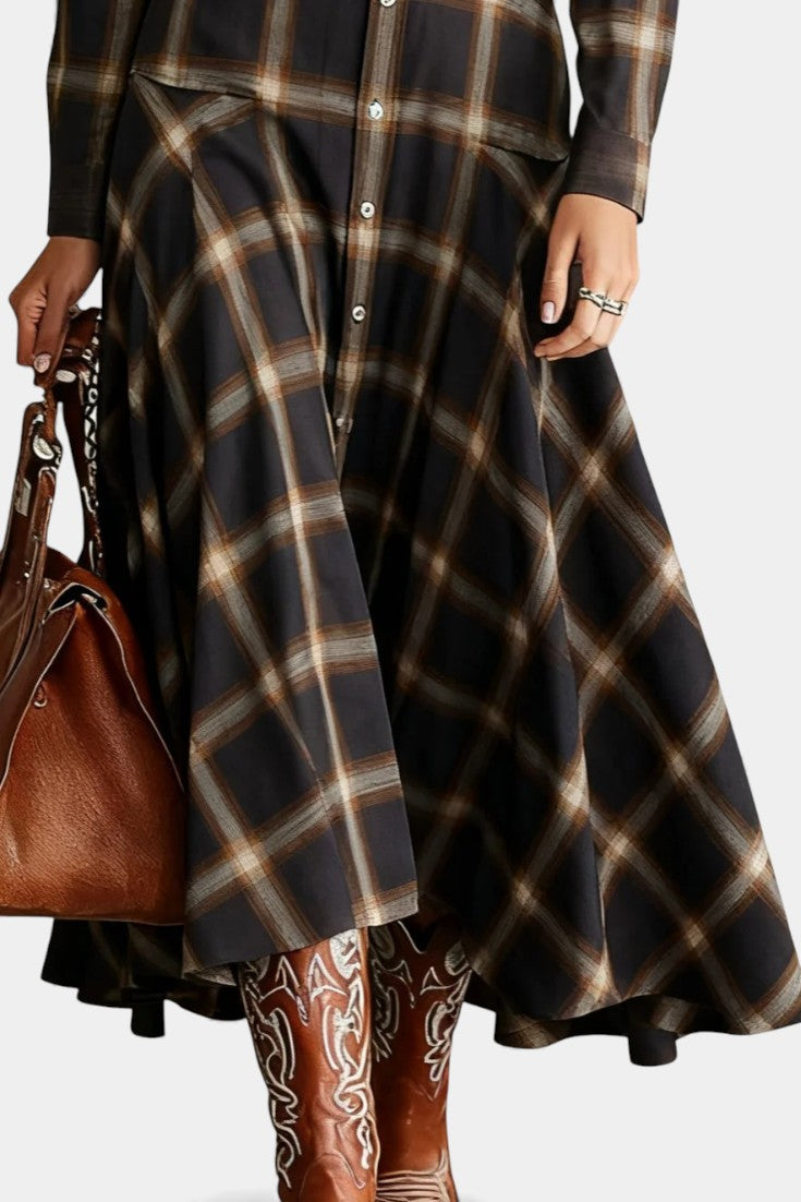 Florélie Vintage Check Maxi Dress with Classic Button Closure