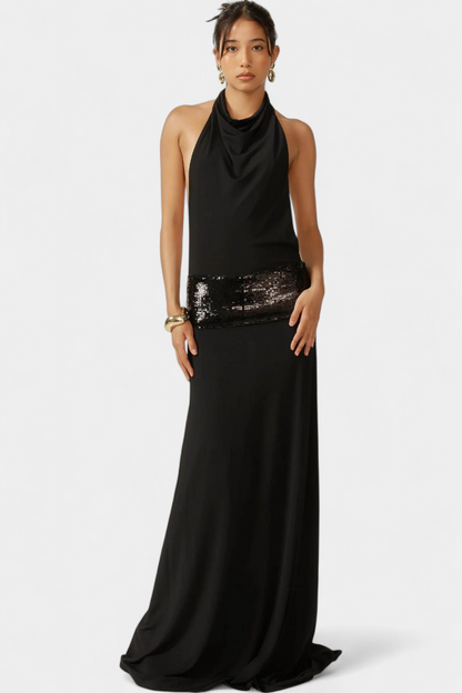 Georgia Halter Dress with Open Back and Sequin Accents
