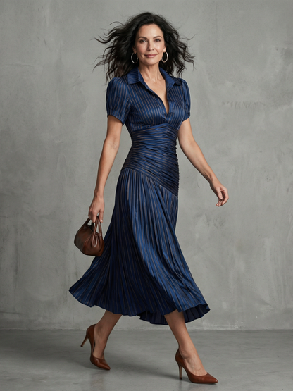 Theodora | Pleated Waistline Stripe Midi Dress