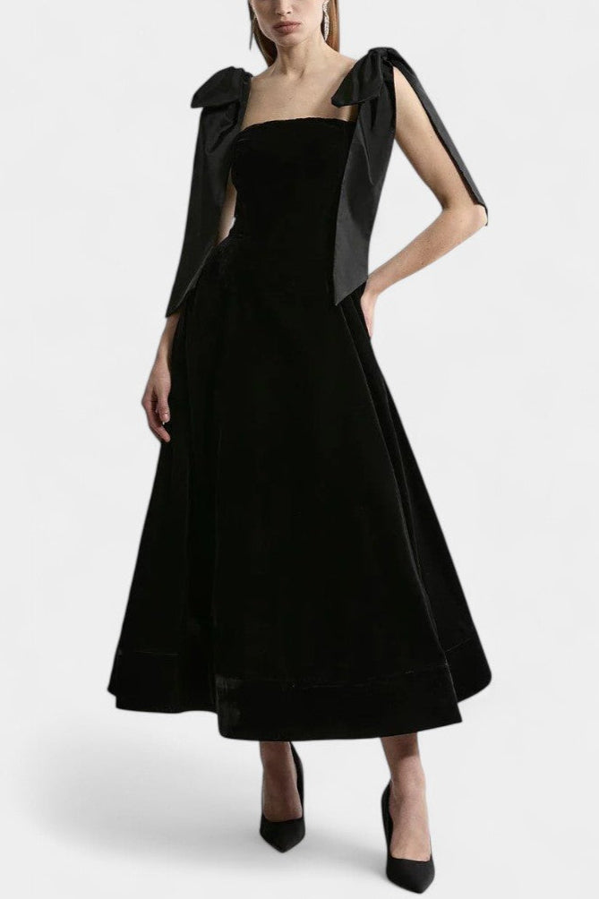 Ajla Strapless Midi Velvet Dress with Bow Accents