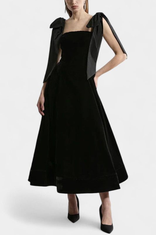 Ajla Strapless Midi Velvet Dress with Bow Accents