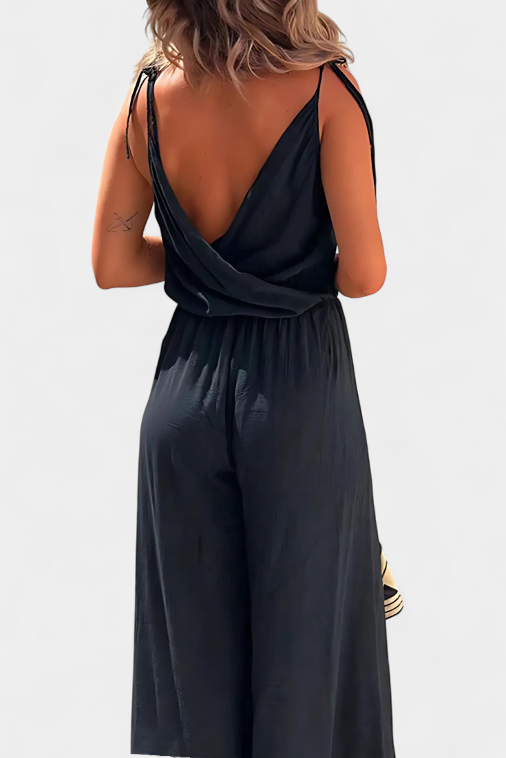 Donatila™ -  Washed Cotton Jumpsuit with Crisscross Neckline and Open Legs