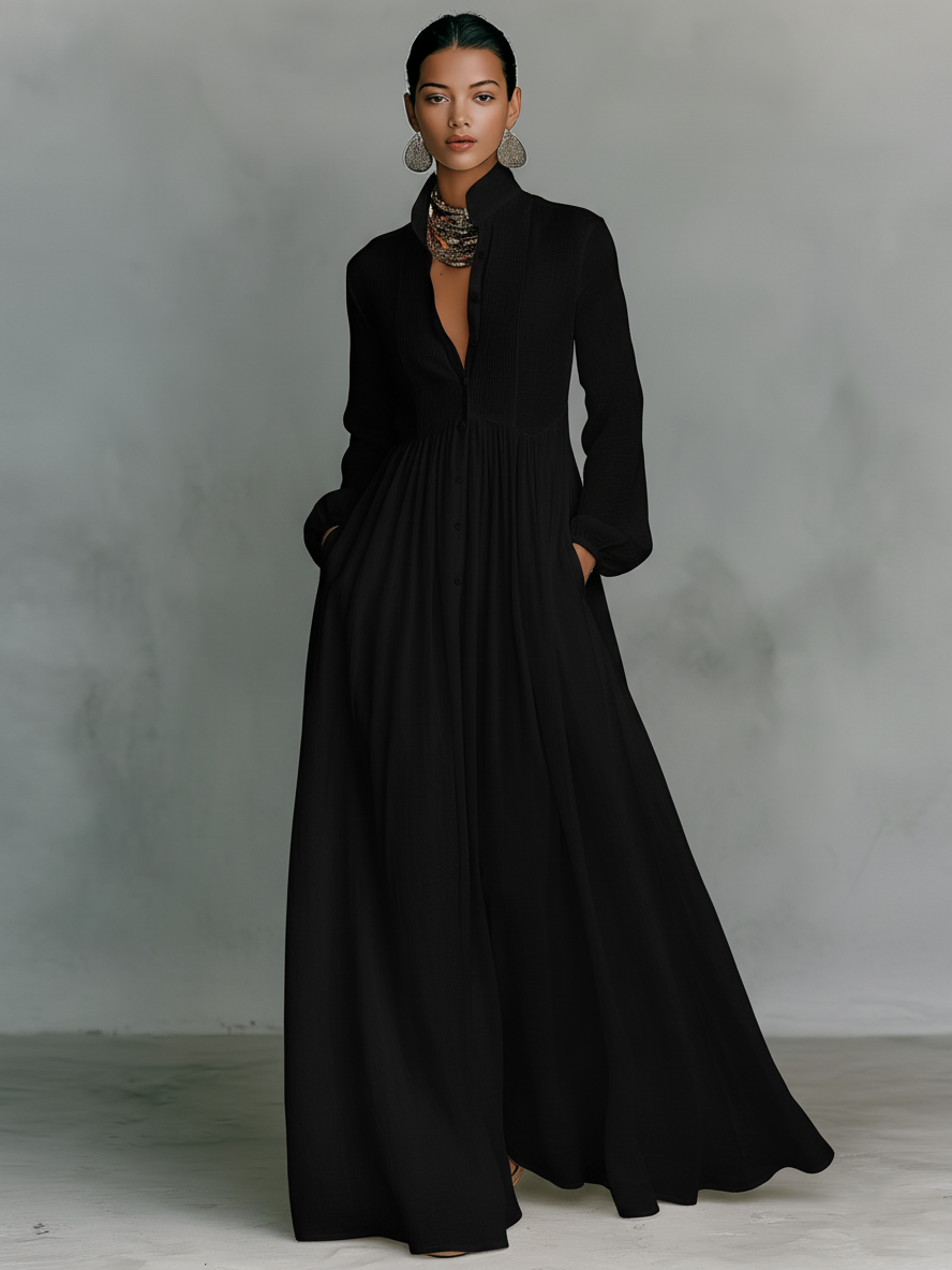 Minimalist Maxi Dress with Patchwork, High Collar and Long Sleeves