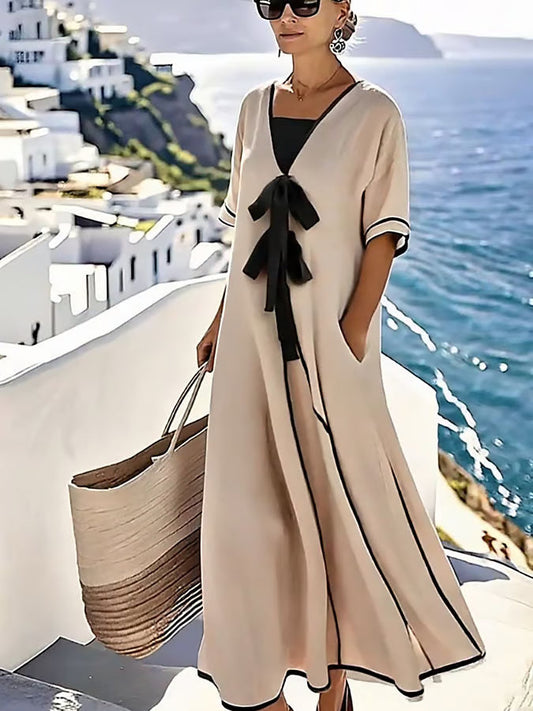 Victoria™ | Contrast Bow Maxi Dress for Timeless Coastal Elegance