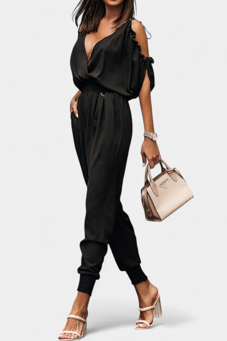 Solene™ - Off-Shoulder Jumpsuit with Crossed V-Neck and Knotted Detail