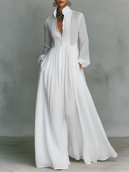 Minimalist Maxi Dress with Patchwork, High Collar and Long Sleeves