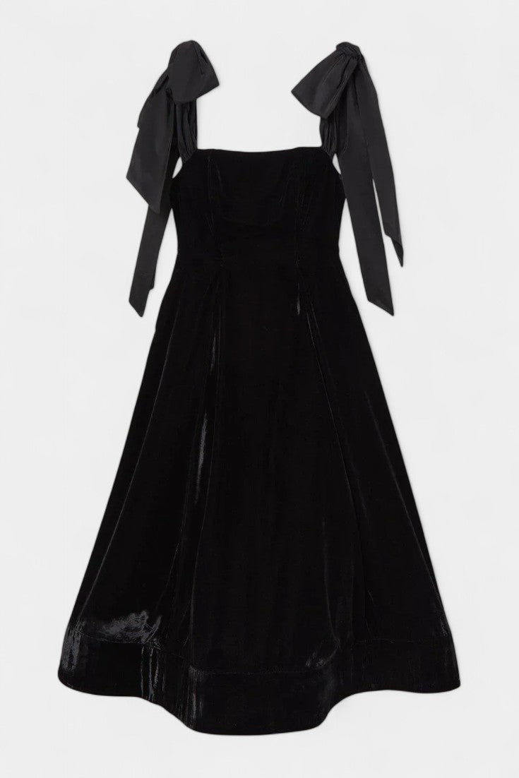Ajla Strapless Midi Velvet Dress with Bow Accents