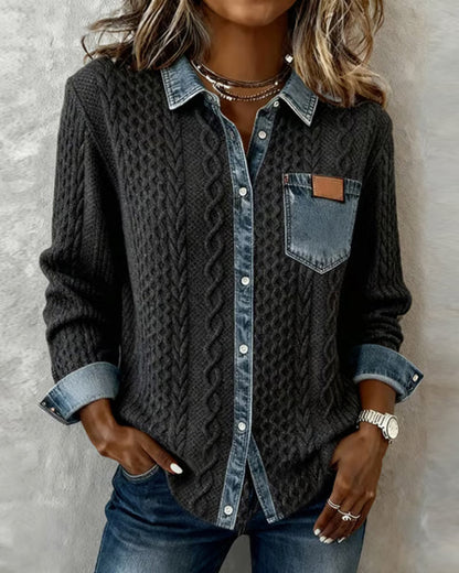 Long-Sleeve Shirt with Denim Patchwork
