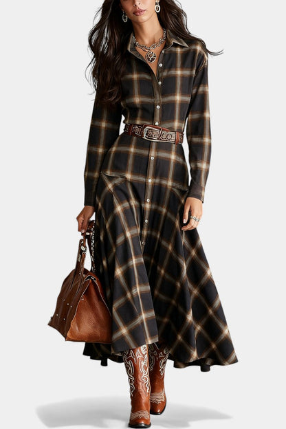 Florélie Vintage Check Maxi Dress with Classic Button Closure