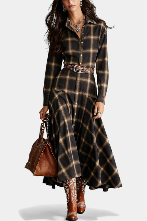 Florélie Vintage Check Maxi Dress with Classic Button Closure