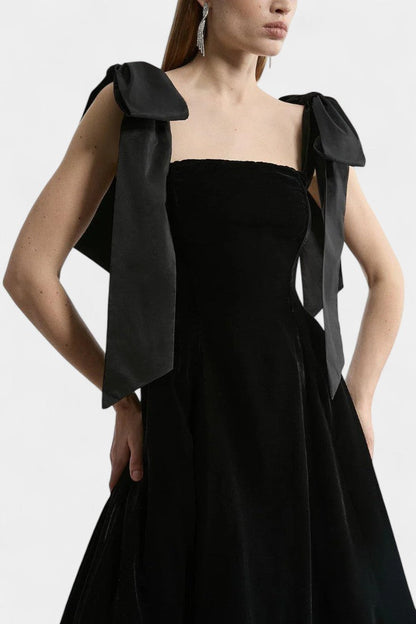 Ajla Strapless Midi Velvet Dress with Bow Accents