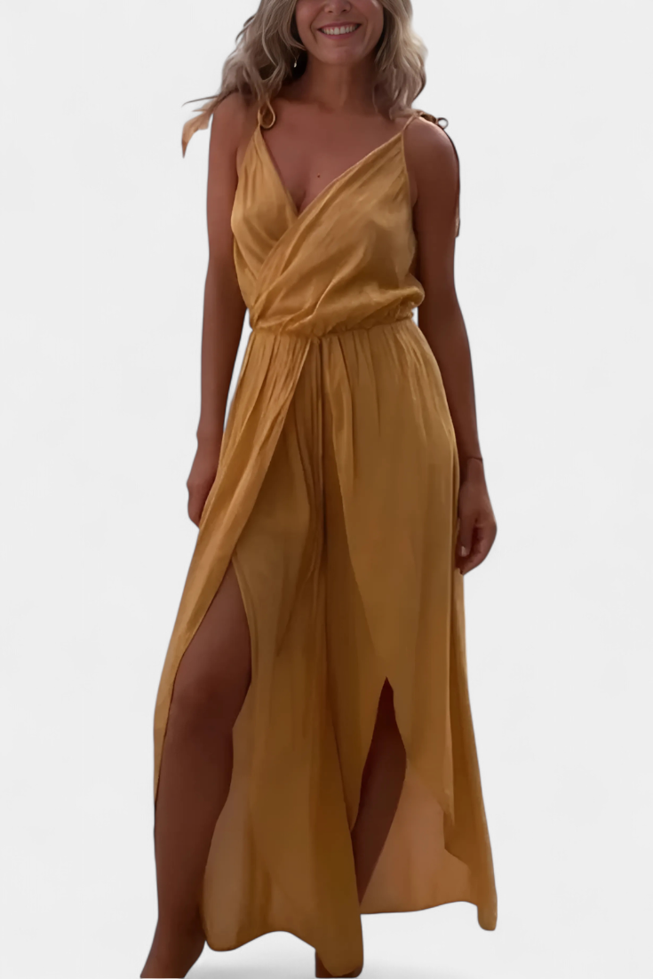 Donatila™ -  Washed Cotton Jumpsuit with Crisscross Neckline and Open Legs