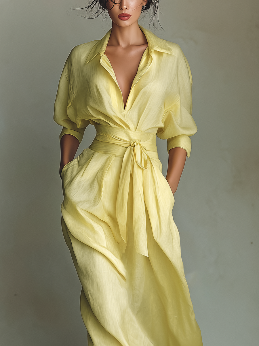 Maxi Shirt Dress for Women in Lemon Yellow with a Tie Belt & Three-Quarter Sleeves