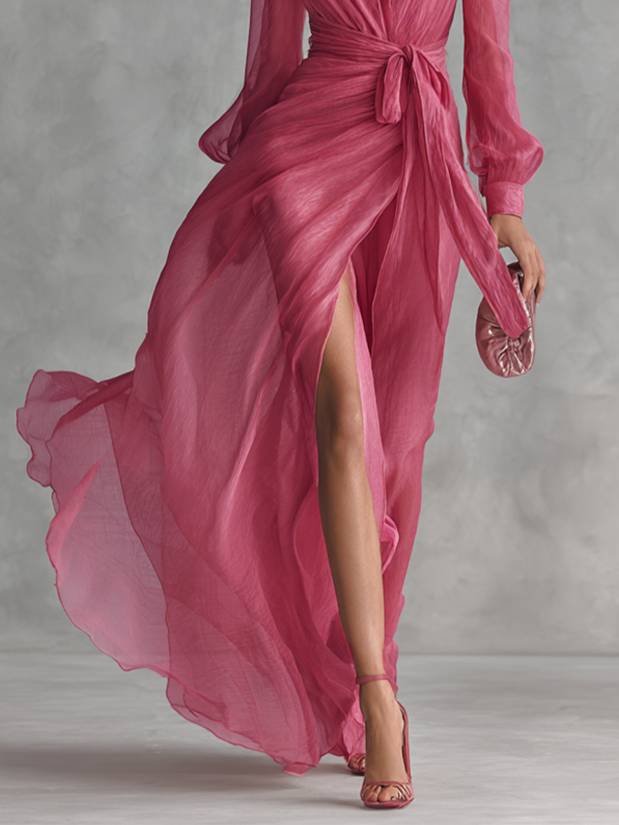 Elegant long pink chiffon dress with pearls and V-neck for women