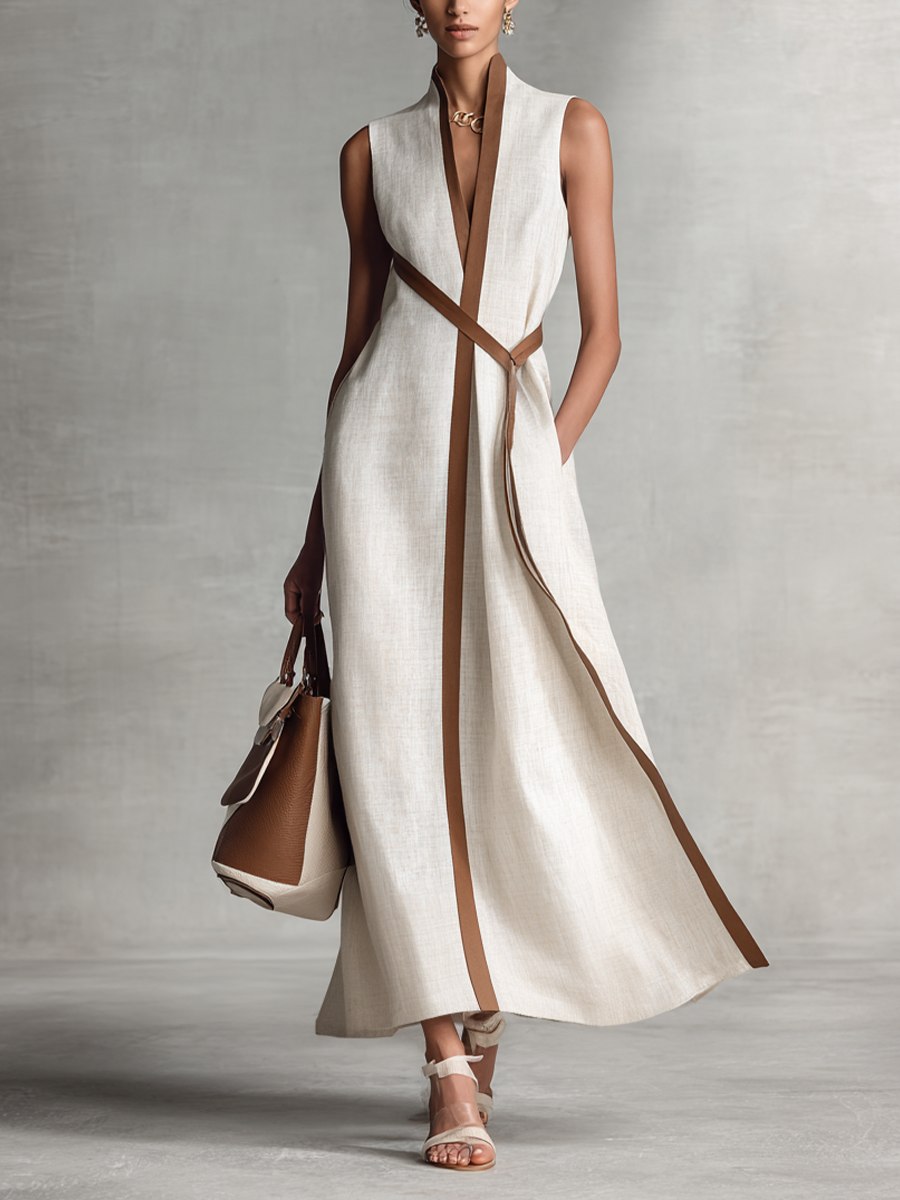 Maxi Dress Sleeveless with V-Neck and Tie Waist for Women