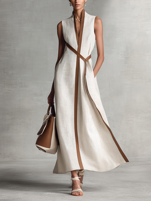 Maxi Dress Sleeveless with V-Neck and Tie Waist for Women