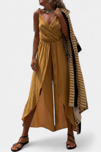 Donatila™ -  Washed Cotton Jumpsuit with Crisscross Neckline and Open Legs