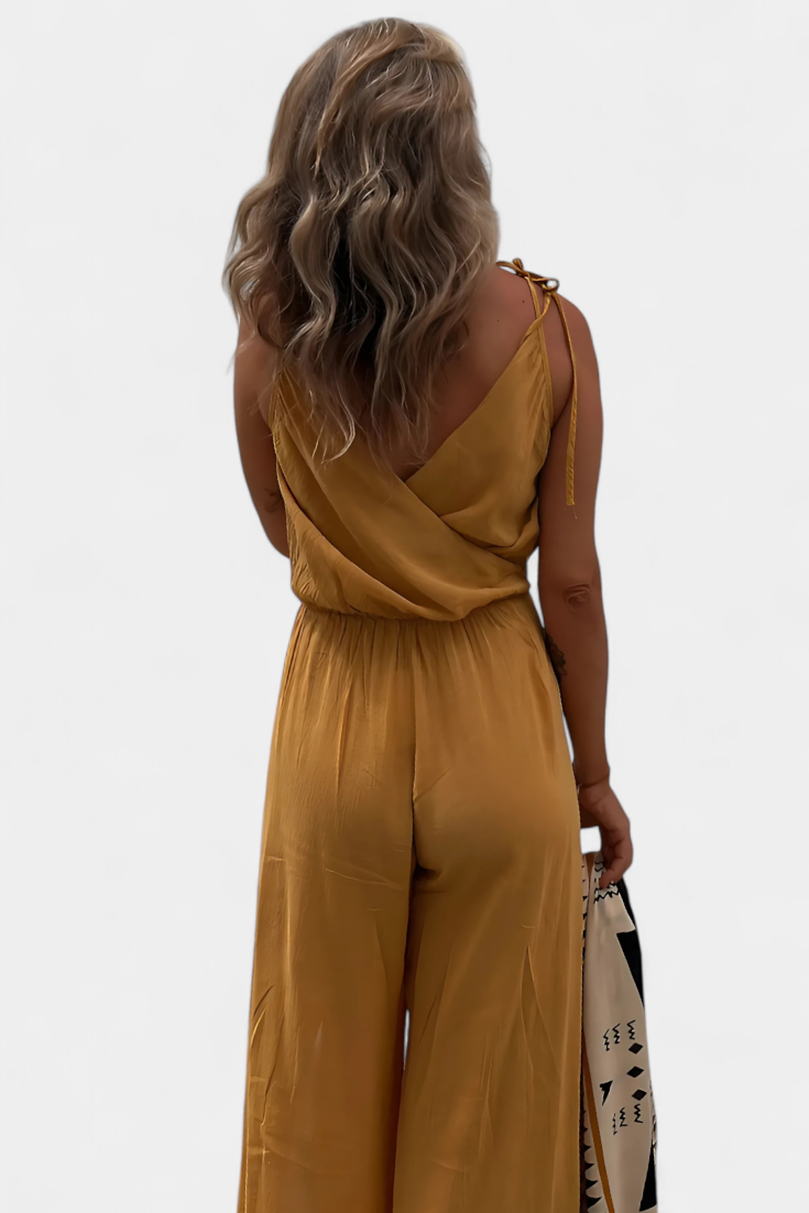 Donatila™ -  Washed Cotton Jumpsuit with Crisscross Neckline and Open Legs