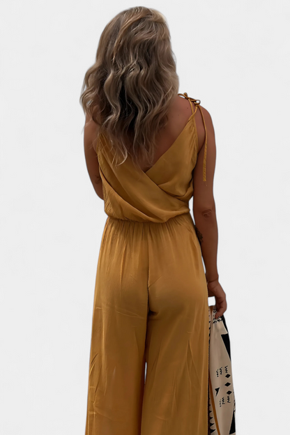Donatila™ -  Washed Cotton Jumpsuit with Crisscross Neckline and Open Legs