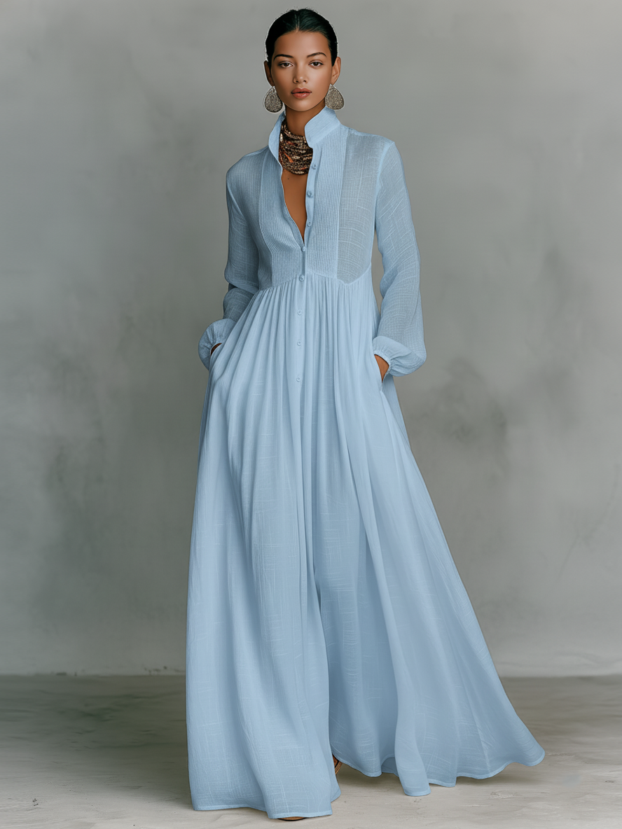 Minimalist Maxi Dress with Patchwork, High Collar and Long Sleeves
