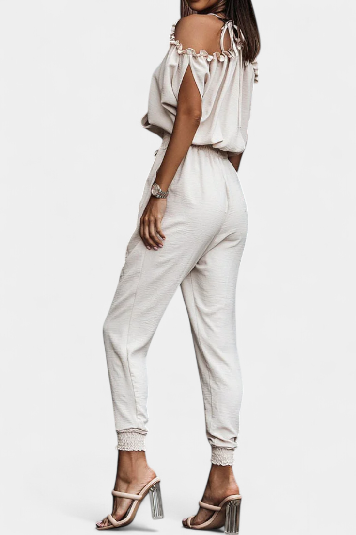 Solene™ - Off-Shoulder Jumpsuit with Crossed V-Neck and Knotted Detail