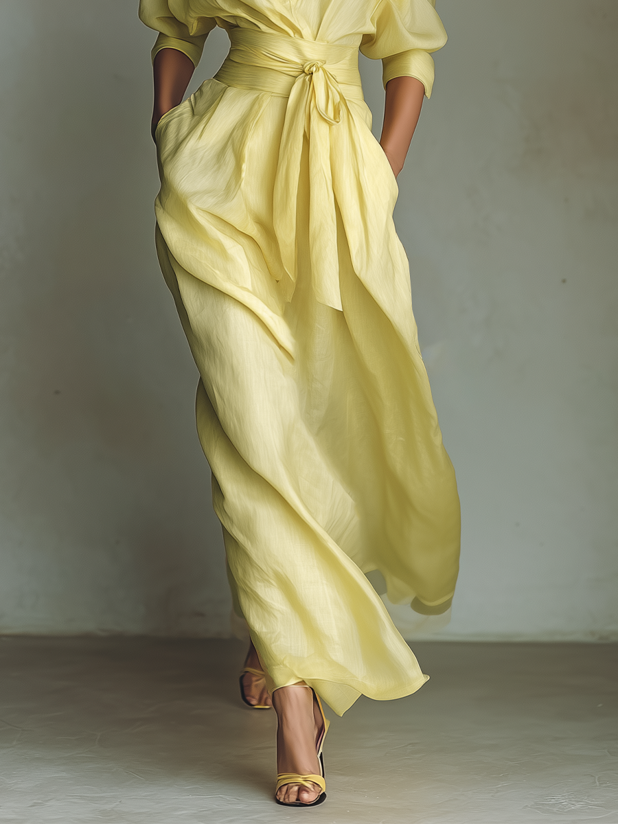 Maxi Shirt Dress for Women in Lemon Yellow with a Tie Belt & Three-Quarter Sleeves