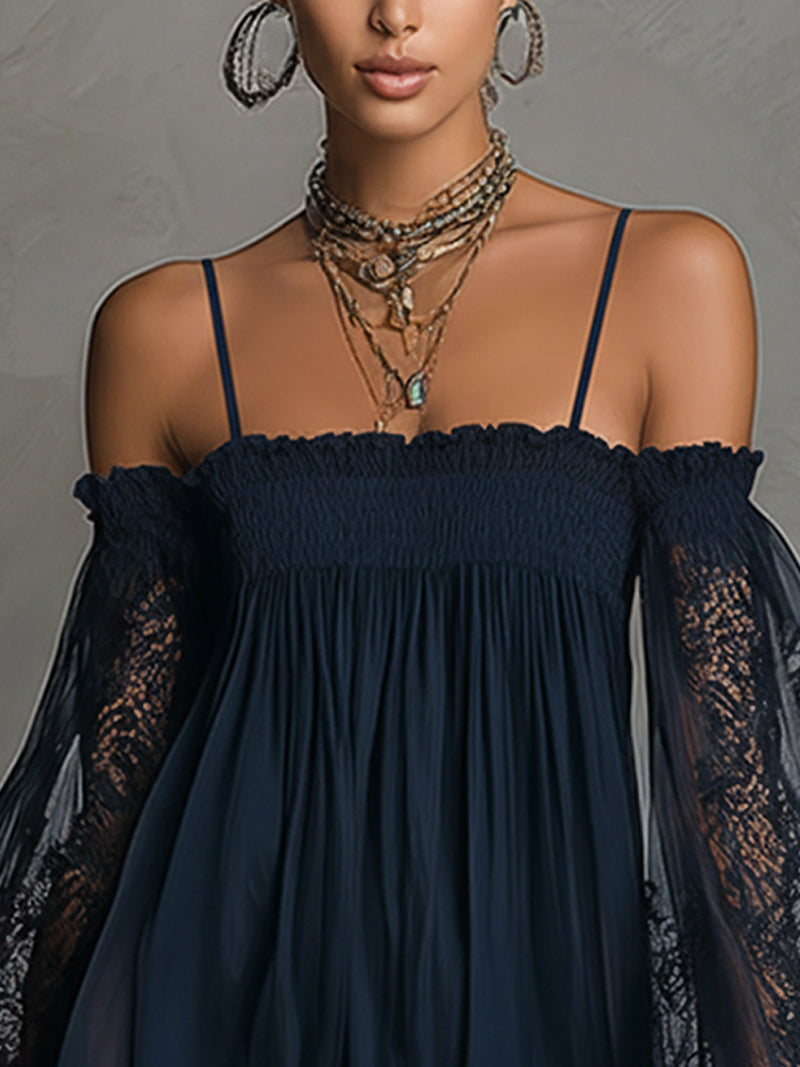 Betty • Navy blue mini chiffon dress with off-shoulder neckline, lace trim, and sheer sleeves