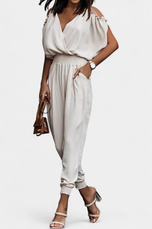 Solene™ - Off-Shoulder Jumpsuit with Crossed V-Neck and Knotted Detail
