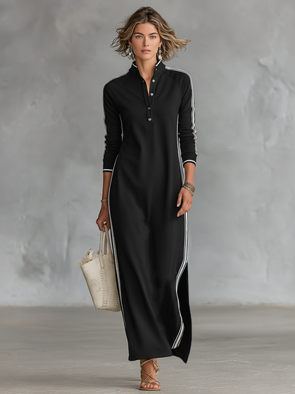 Maxi Dress Women's Sweatshirt with Button-Down Collar and White Trim