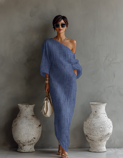 Elegant Flowing Ivory White Cotton-Linen Dress with Off-Shoulder