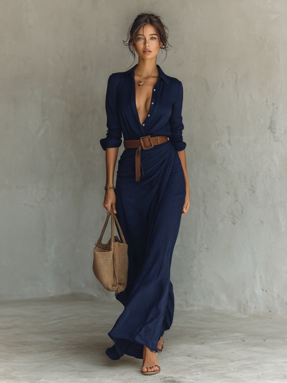 Long Maxi Dress with Notched Collar and Long Sleeves for Women