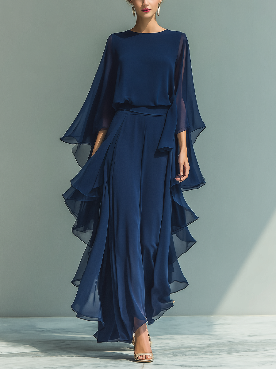 Navy Blue Chiffon Top Set with Flared Sleeves and Straight-Leg Pants with Ruché Details