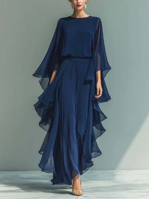 Navy Blue Chiffon Top Set with Flared Sleeves and Straight-Leg Pants with Ruché Details